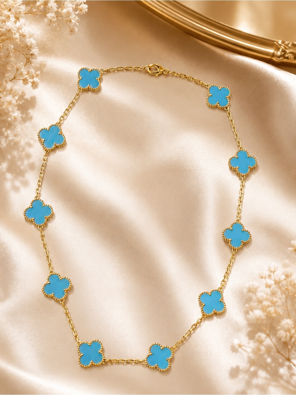 Turquoise Blue 10 Station Clover Necklace | Gold-Tone